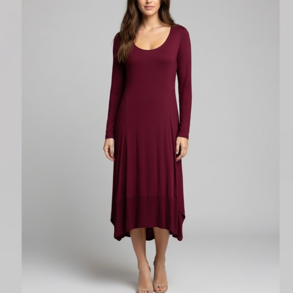 Long Sleeve Dress - Burgundy Bamboo Cotton Blend - Made in Canada